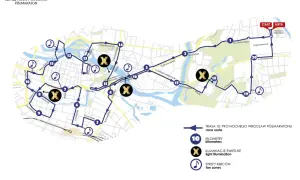 Mapa trasy 10. PKO Nocnego Wrocław Półmaratonu z zaznaczonymi kilometrami, iluminacjami świetlnymi i strefami kibiców.