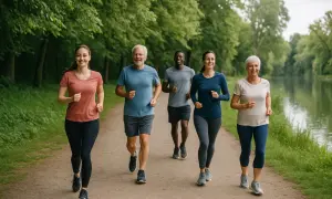 Grupa ludzi w różnym wieku cieszy się wspólnym, spokojnym bieganiem (slow jogging) w malowniczej, zielonej scenerii nad jeziorem.