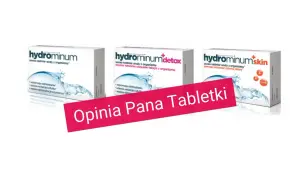 Trzy opakowania Hydrominum, które pomagają jak pozbyć się wody z organizmu. Na pierwszym planie różowy pasek z napisem "Opinia Pana Tabletki".