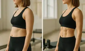Przed i po: jak pilates na czym polega i zmienia sylwetkę. Widoczna metamorfoza brzucha i talii.