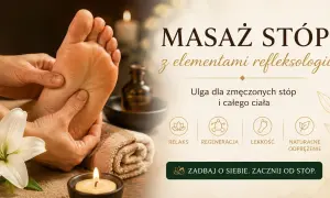 Masaż stóp z elementami refleksologii. Dłonie delikatnie uciskają stopę, przynosząc ulgę i relaks.