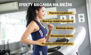 Kobieta biegnie na bieżni, czerpiąc korzyści: poprawa wydolności, redukcja tkanki tłuszczowej, wzmocnienie mięśni i przyspieszenie metabolizmu.
