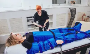 Kobieta w salonie piękności leży na łóżku, ubrana w niebieski kombinezon do drenażu limfatycznego. Terapeutaka przygotowuje zabieg, by zapewnić widoczne efekty.