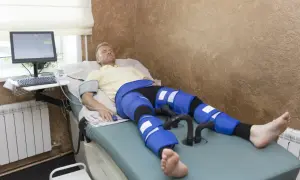 Mężczyzna leży na łóżku terapeutycznym, jego nogi są owinięte w niebieskie mankiety do drenażu limfatycznego. Monitor i sprzęt medyczny obok.