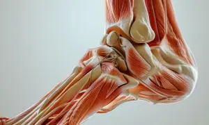 Anatomia stopy z widocznymi mięśniami i ścięgnami, w tym potężnym ścięgnem Achillesa.