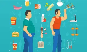 Dwa mężczyźni, jeden otyły, drugi wysportowany, otoczeni symbolami zdrowego stylu życia i niezdrowej diety. Wpływ na metabolizm.