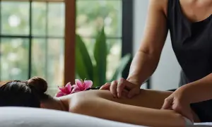 Relaksacyjny masaż lomi lomi z kamieniami i kwiatami. Dłonie terapeuty delikatnie masują plecy, przynosząc ukojenie.
