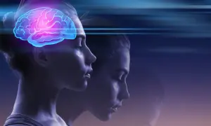 Profil kobiety z podświetlonym mózgiem, symbolizującym myśli i emocje. Co to dopamina? To neuroprzekaźnik radości i motywacji.