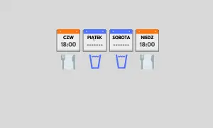 Kalendarz pokazuje czwartek i niedzielę o 18:00 jako dni posiłków. Okna na piątek i sobotę są puste, sugerując post. Autofagia po ilu godzinach?