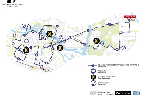 Mapa trasy 10. PKO Nocnego Wrocław Półmaratonu z zaznaczonymi kilometrami, iluminacjami świetlnymi i strefami kibiców.