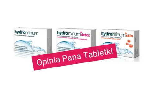 Trzy opakowania Hydrominum, które pomagają jak pozbyć się wody z organizmu. Na pierwszym planie różowy pasek z napisem "Opinia Pana Tabletki".