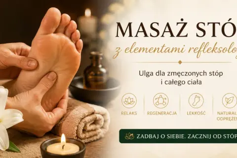 Masaż stóp z elementami refleksologii. Dłonie delikatnie uciskają stopę, przynosząc ulgę i relaks.