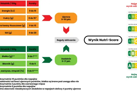 Schemat obliczania Nutri-Score: składniki odżywcze (energia, cukry, tłuszcze, sól, białko, błonnik, owoce/warzywa) i ich punkty wpływają na końcowy wynik.