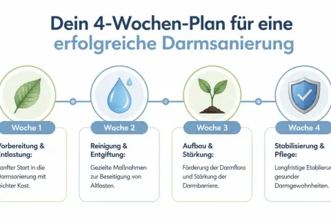 4-tygodniowy plan: przygotowanie, oczyszczanie, odbudowa jelit i stabilizacja.