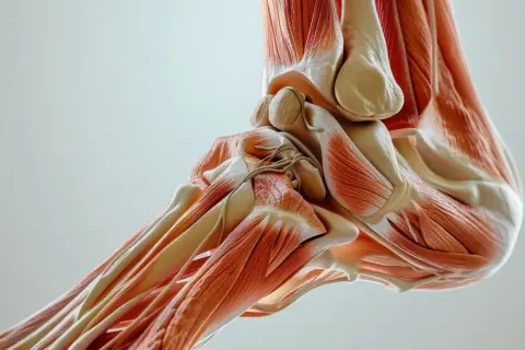 Anatomia stopy z widocznymi mięśniami i ścięgnami, w tym potężnym ścięgnem Achillesa.