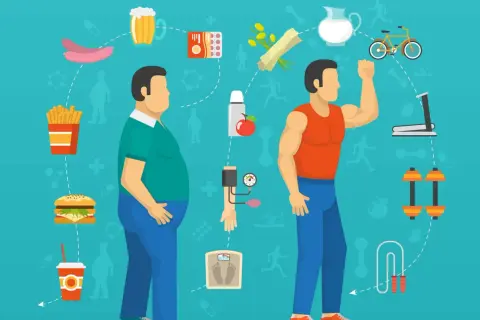 Dwa mężczyźni, jeden otyły, drugi wysportowany, otoczeni symbolami zdrowego stylu życia i niezdrowej diety. Wpływ na metabolizm.