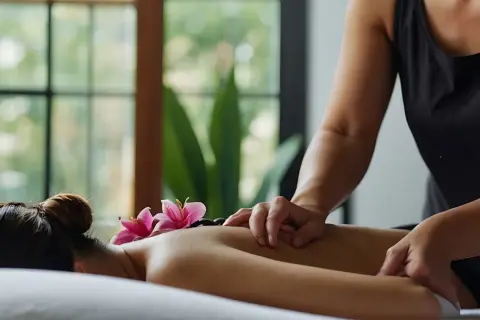 Relaksacyjny masaż lomi lomi z kamieniami i kwiatami. Dłonie terapeuty delikatnie masują plecy, przynosząc ukojenie.