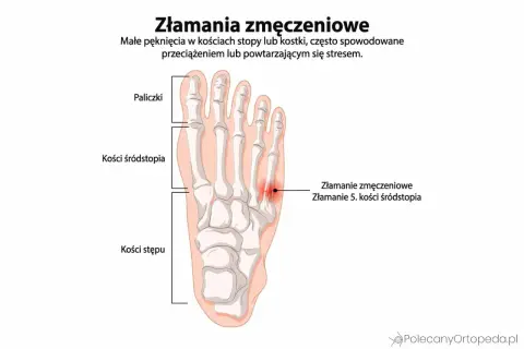 Złamanie zmęczeniowe 5. kości śródstopia, widoczne na schemacie stopy, to małe pęknięcie spowodowane przeciążeniem.