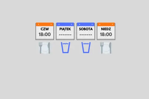 Kalendarz pokazuje czwartek i niedzielę o 18:00 jako dni posiłków. Okna na piątek i sobotę są puste, sugerując post. Autofagia po ilu godzinach?