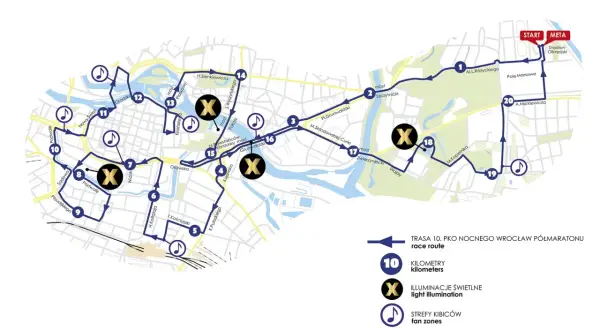 Mapa trasy 10. PKO Nocnego Wrocław Półmaratonu z zaznaczonymi kilometrami, iluminacjami świetlnymi i strefami kibiców.