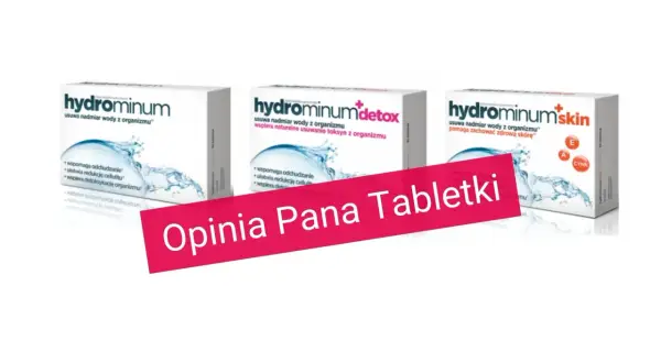Trzy opakowania Hydrominum, które pomagają jak pozbyć się wody z organizmu. Na pierwszym planie różowy pasek z napisem "Opinia Pana Tabletki".