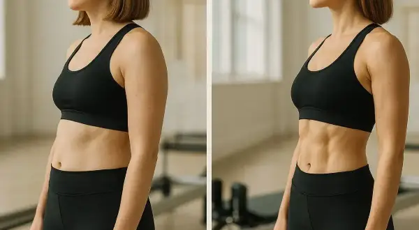 Przed i po: jak pilates na czym polega i zmienia sylwetkę. Widoczna metamorfoza brzucha i talii.