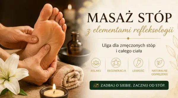 Masaż stóp z elementami refleksologii. Dłonie delikatnie uciskają stopę, przynosząc ulgę i relaks.
