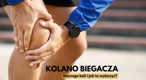 Ból kolana biegacza. Dłonie uciskają bolące kolano, sugerując problem z bieganiem.