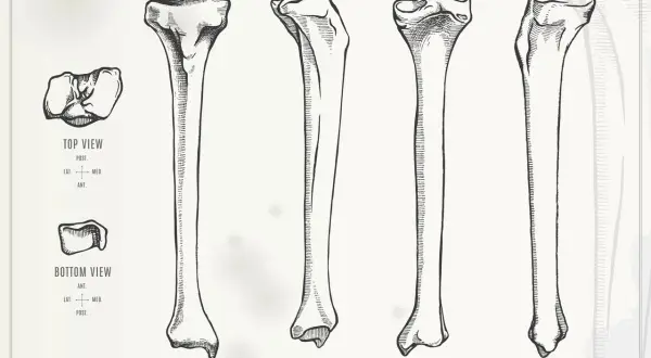 Ilustracja przedstawia prawą piszczel z różnych perspektyw: widok z góry, z dołu, z przodu, z boku i z tyłu.