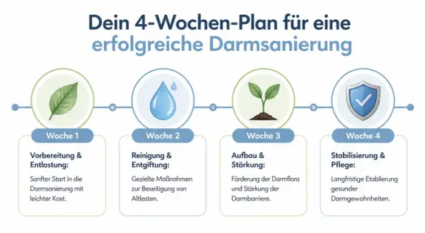 4-tygodniowy plan: przygotowanie, oczyszczanie, odbudowa jelit i stabilizacja.