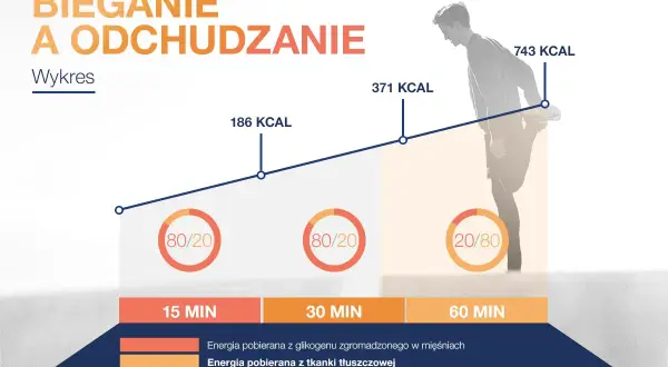 Wykres pokazuje, jak biegać żeby schudnąć: dłuższy bieg spala więcej kalorii, głównie z tkanki tłuszczowej.