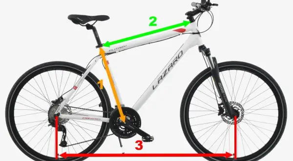 Jak zmierzyć przekrok roweru? Strzałki pokazują, gdzie mierzyć: 1 - wysokość ramy, 2 - długość górnej rury, 3 - szerokość roweru.