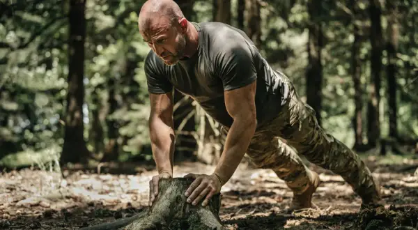 Mężczyzna w leśnej scenerii wykonuje pompki na pniu. To trening siłowy, który jest częścią jego pasji do bushcraftu.