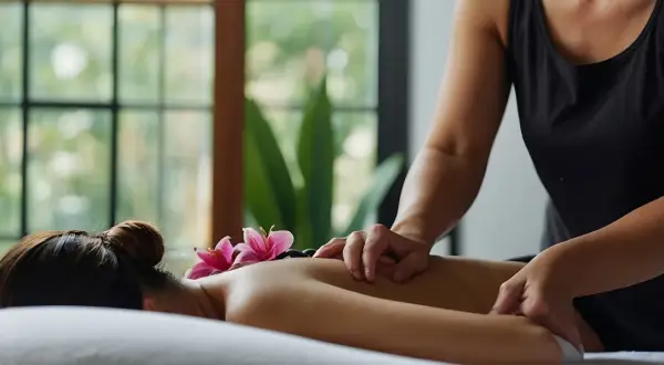 Relaksacyjny masaż lomi lomi z kamieniami i kwiatami. Dłonie terapeuty delikatnie masują plecy, przynosząc ukojenie.