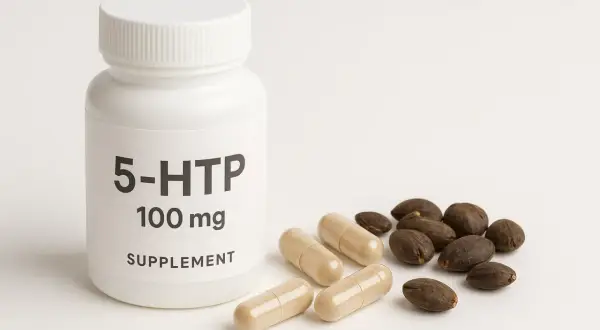 Biała butelka suplementu 5-HTP 100 mg, obok kilka kapsułek i nasion. 5-HTP to prekursor serotoniny, kluczowego neuroprzekaźnika.