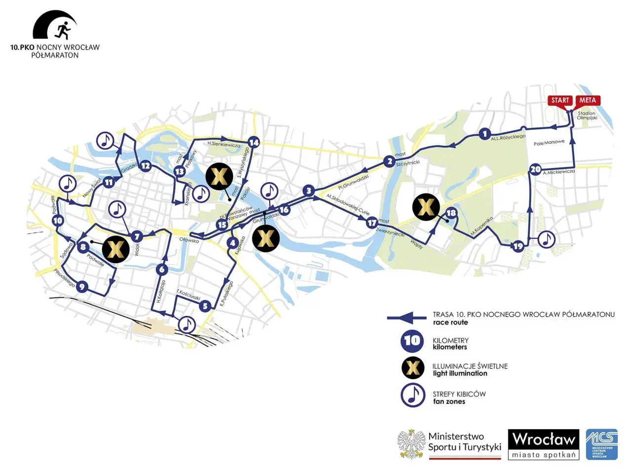 Mapa trasy 10. PKO Nocnego Wrocław Półmaratonu z zaznaczonymi kilometrami, iluminacjami świetlnymi i strefami kibiców.
