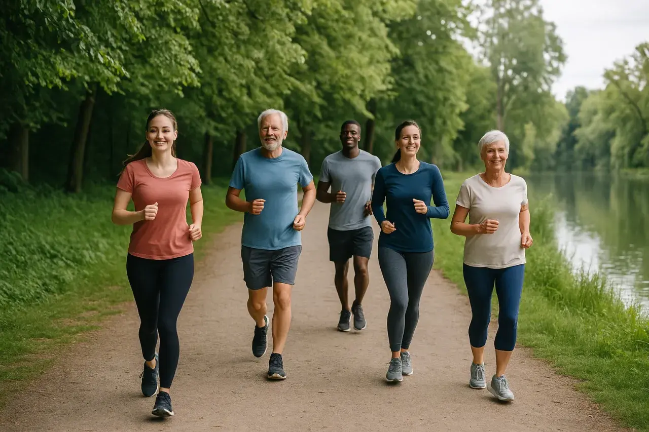 Grupa ludzi w różnym wieku cieszy się wspólnym, spokojnym bieganiem (slow jogging) w malowniczej, zielonej scenerii nad jeziorem.