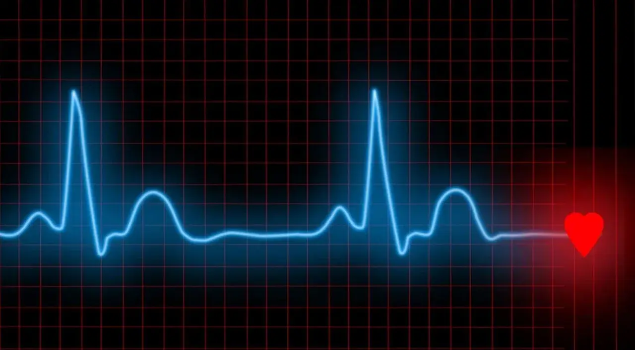 Niebieska linia EKG na czarnym tle z czerwoną siatką. Pokazuje status zmienności tętna, zakończony czerwonym sercem.