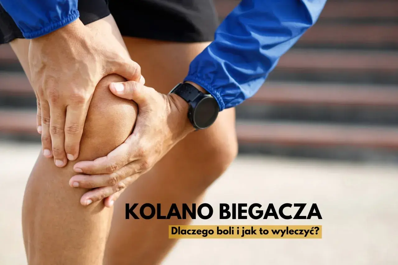Ból kolana biegacza. Dłonie uciskają bolące kolano, sugerując problem z bieganiem.