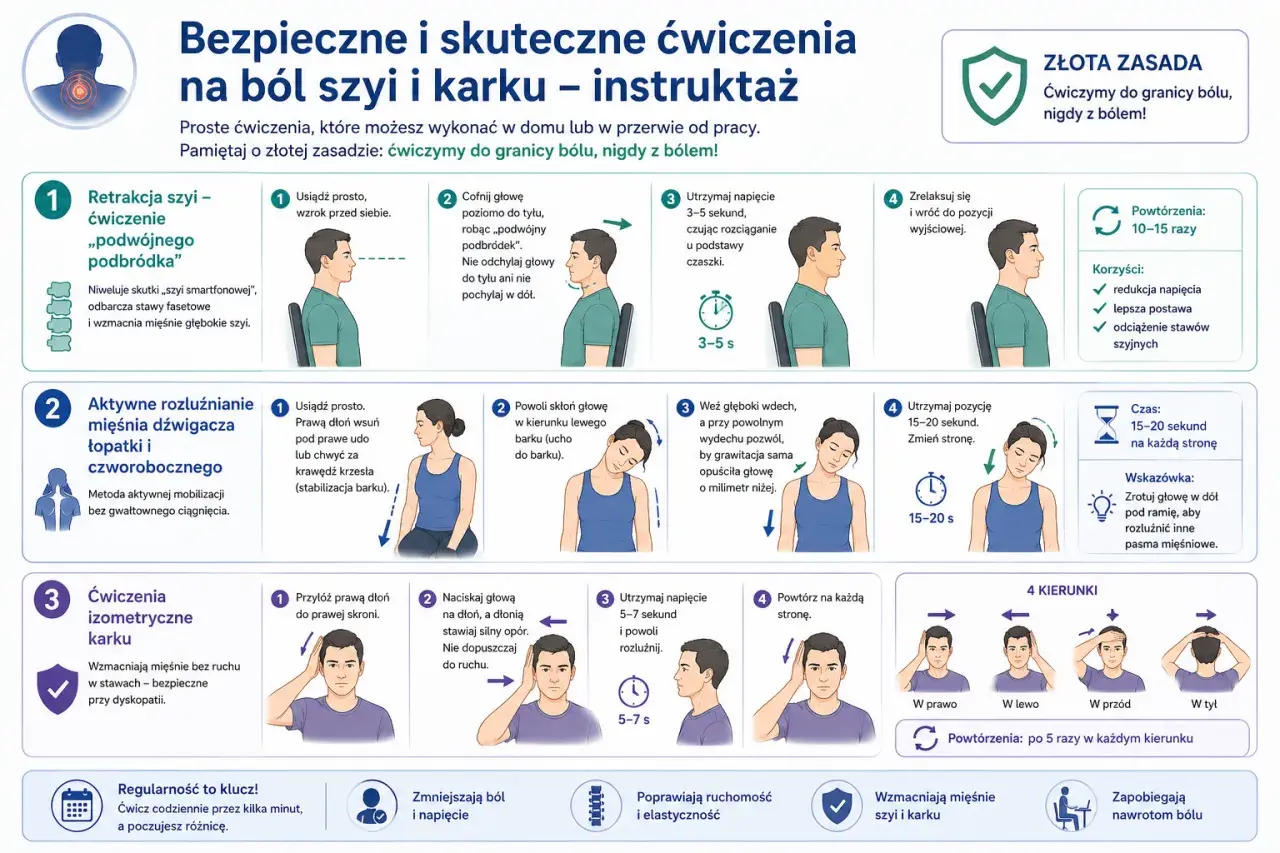 Kinezyterapia co to? Proste ćwiczenia na ból szyi i karku. Wzmacniaj mięśnie, poprawiaj ruchomość i zapobiegaj nawrotom bólu.