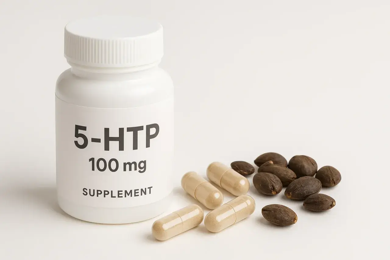Biała butelka suplementu 5-HTP 100 mg, obok kilka kapsułek i nasion. 5-HTP to prekursor serotoniny, kluczowego neuroprzekaźnika.