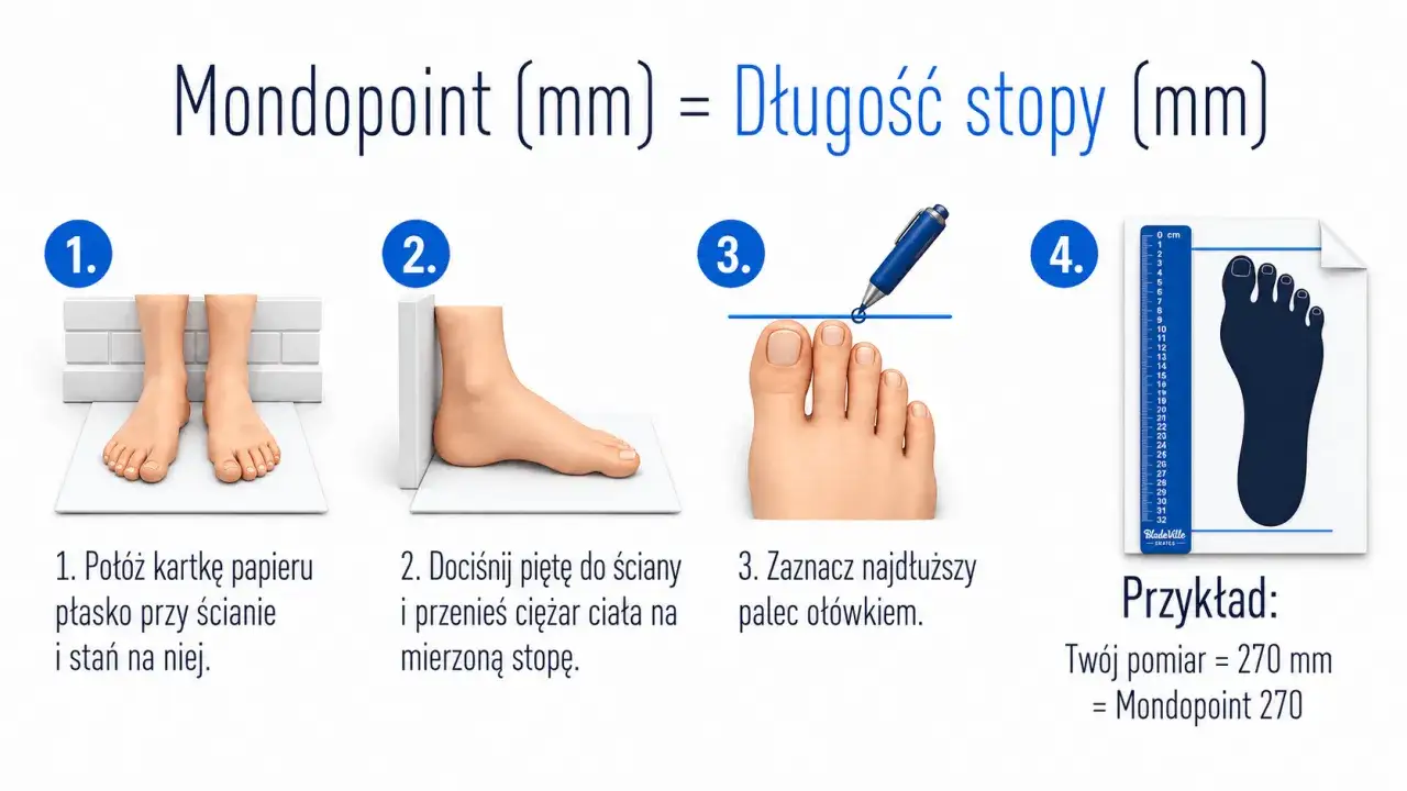 Instrukcja jak zmierzyć stopę: postaw stopę na kartce przy ścianie, dociśnij piętę, zaznacz najdłuższy palec. Twój pomiar = Mondopoint.