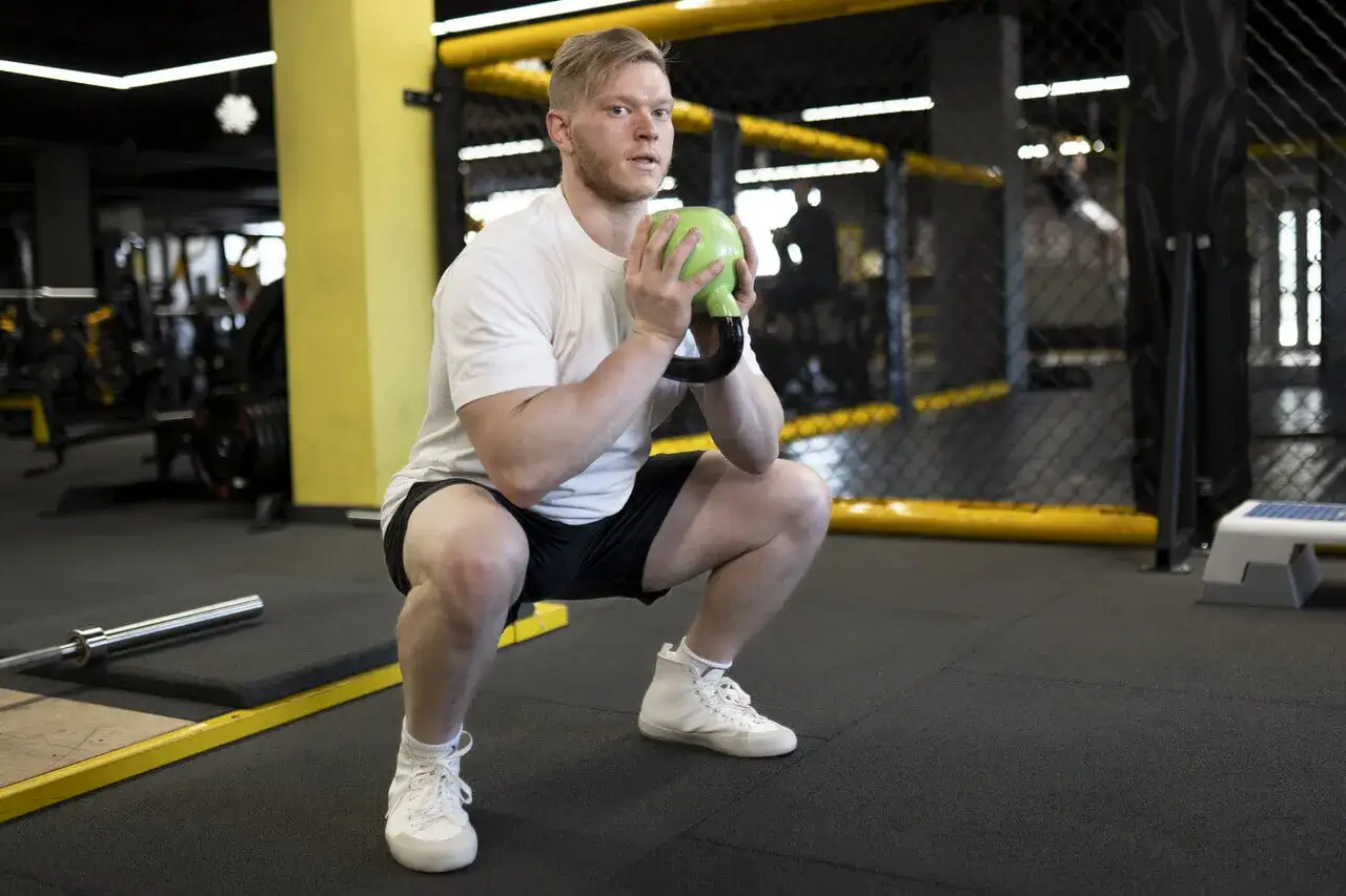 Mężczyzna w pozycji kucznej trzyma zielony kettlebell.