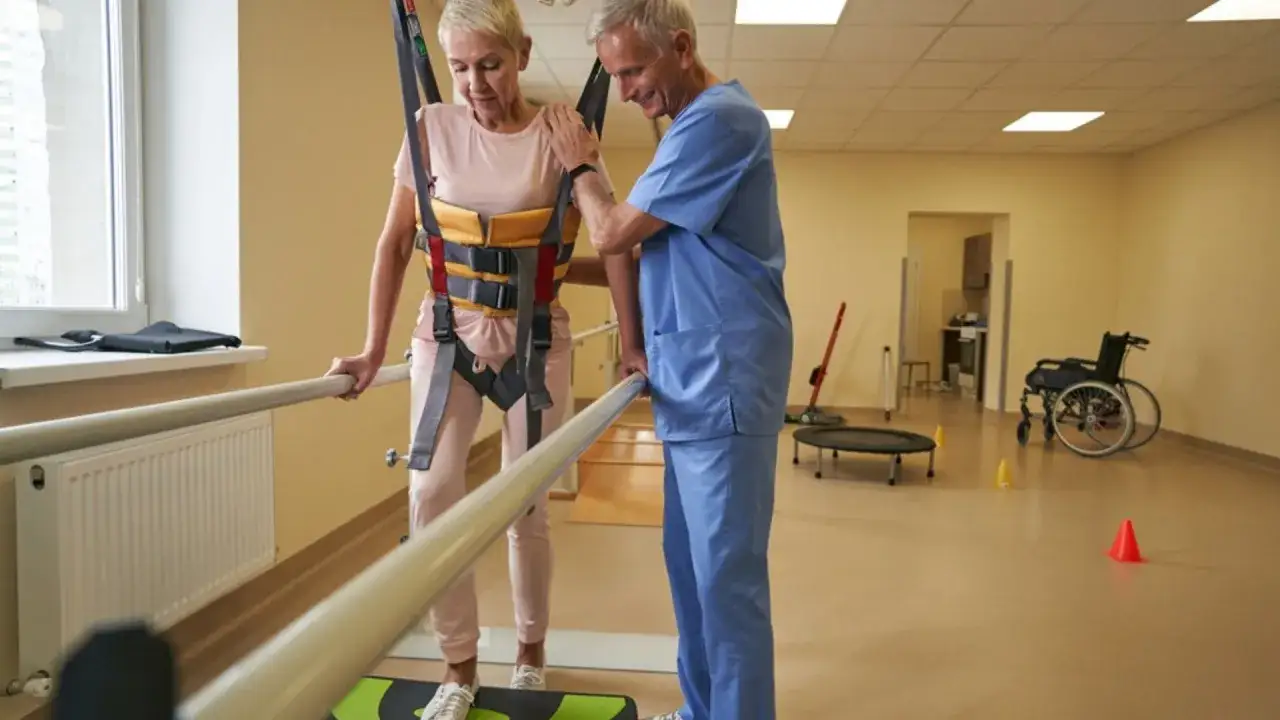 Fizjoterapeuta pomaga kobiecie w kamizelce rehabilitacyjnej przejść przy poręczach, ćwicząc zaburzenia czucia głębokiego.