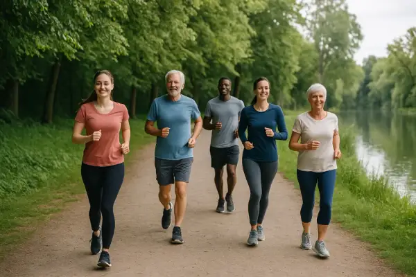 Grupa ludzi w różnym wieku cieszy się wspólnym, spokojnym bieganiem (slow jogging) w malowniczej, zielonej scenerii nad jeziorem.