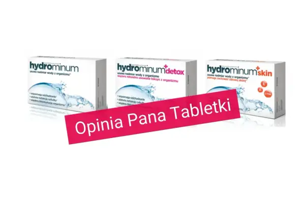 Trzy opakowania Hydrominum, które pomagają jak pozbyć się wody z organizmu. Na pierwszym planie różowy pasek z napisem "Opinia Pana Tabletki".