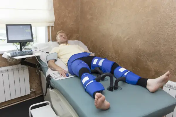 Mężczyzna leży na łóżku rehabilitacyjnym, poddając się zabiegowi limfodrenaż. Na nogach ma założone specjalne mankiety.