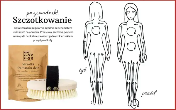 Instrukcja szczotkowania na sucho ciała zgodnie z kierunkiem przepływu limfy. Na zdjęciu szczotka do masażu i schemat ruchów.