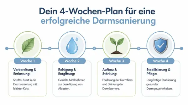 4-tygodniowy plan: przygotowanie, oczyszczanie, odbudowa jelit i stabilizacja.
