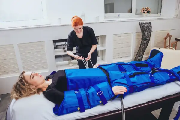 Kobieta w salonie piękności leży na łóżku, ubrana w niebieski kombinezon do drenażu limfatycznego. Terapeutaka przygotowuje zabieg, by zapewnić widoczne efekty.